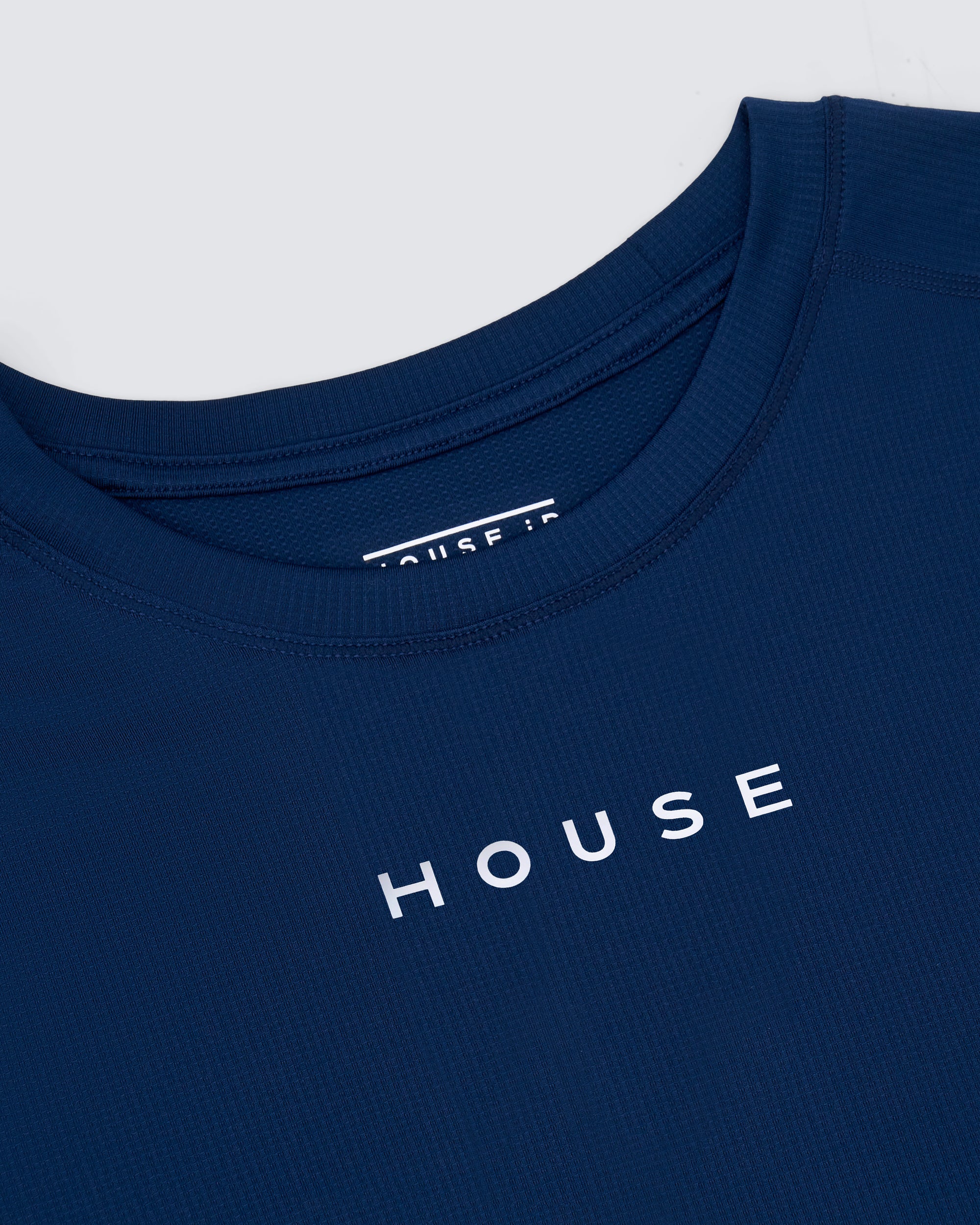 Mens athletic t-shirt in navy close up